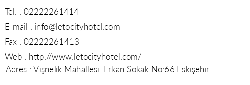 Leto City Hotel telefon numaralar, faks, e-mail, posta adresi ve iletiim bilgileri